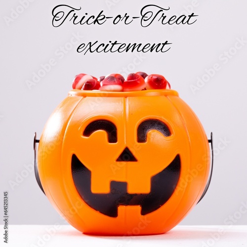 Composite of trick or treat excitement text and halloween pumpkin on white background