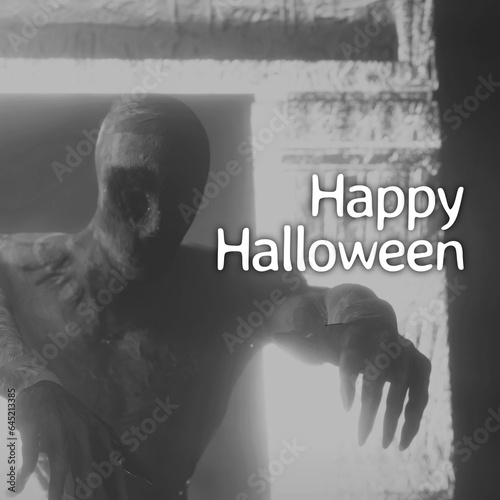 Composite of happy halloween text and halloween ghost background
