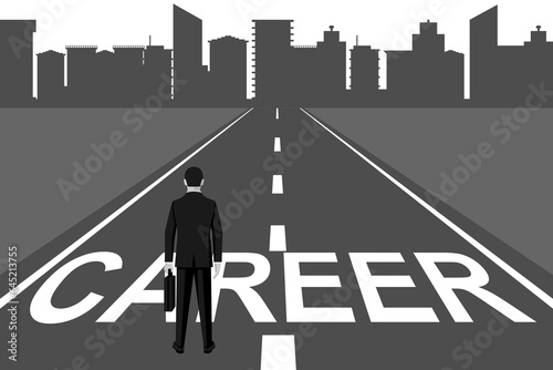 Career ahead. Businessman stands in front of a big city, the concept of striving and achieving a goal. Challenge businessman. Vector illustration flat design.