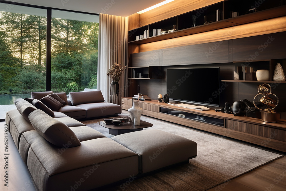 Fototapeta premium A modern entertainment room with a wall-mounted TV, a comfortable sectional sofa, and built-in storage. 