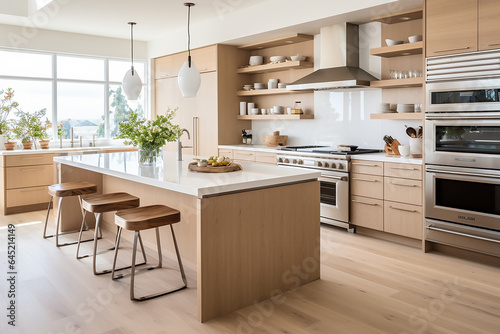 A Scandinavian kitchen with sleek cabinetry, stainless steel appliances, and a spacious island for both function and style. 