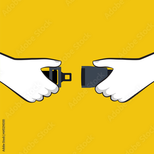 Safety First concept. Seat Belt. Man fasten buckle hands. Safety of movement on car, airplane. Vector illustration flat line design. Isolated on white background. Protection driver and passengers.