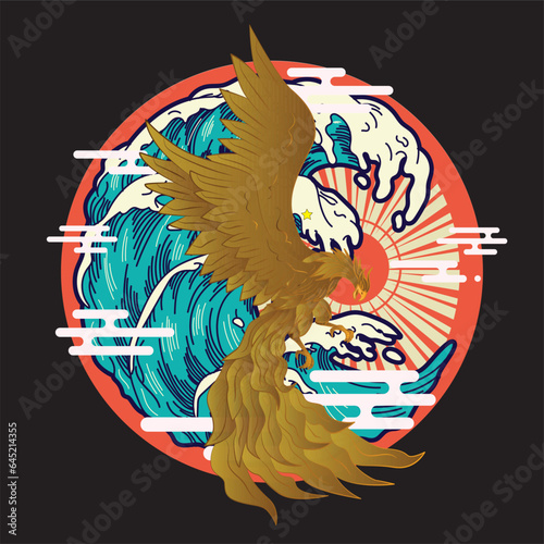 golden eagle vector illustration with japanese background