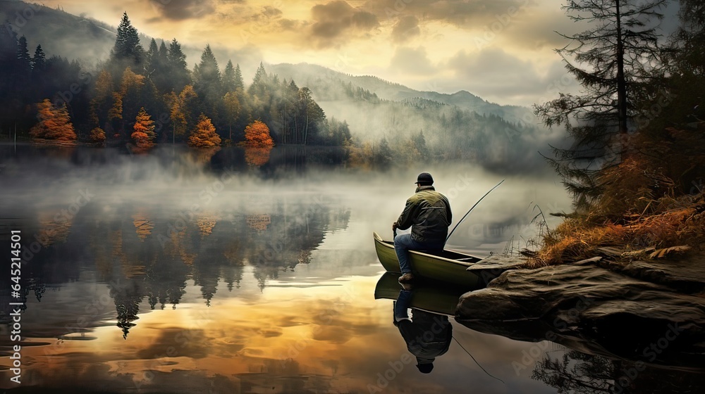 Fisherman contemplates his reflection on the surface of a serene lake, bait, salmon, hobby, relaxation, hook, spinner, landing net, food. Generated by AI.
