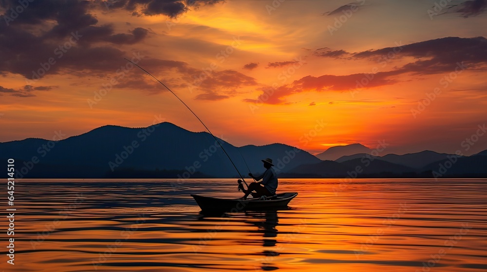 Fisherman's silhouette stands as a solitary figure against a captivating sunrise while fishing, roach, diving, lack of fish, fry, hobby, floats, fish, profit, salmon, wobbler. Generated by AI. Fisherman's silhouette stands as a solitary figure against a captivating sunrise while fishing, roach, diving, lack of fish, fry, hobby, floats, fish, profit, salmon, wobbler. Generated by AI.