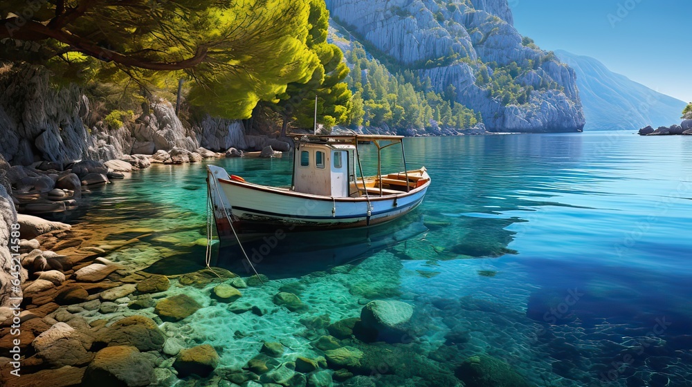 Fishing boat finds repose in a serene bay, its anchor securing it for a day of fishing, while the peaceful ambiance and untouched waters create an inviting atmosphere for anglers. Generated by AI.