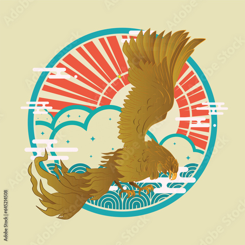 golden eagle vector illustration with japanese background