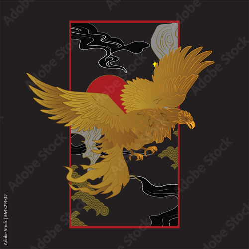 golden eagle vector illustration with japanese background