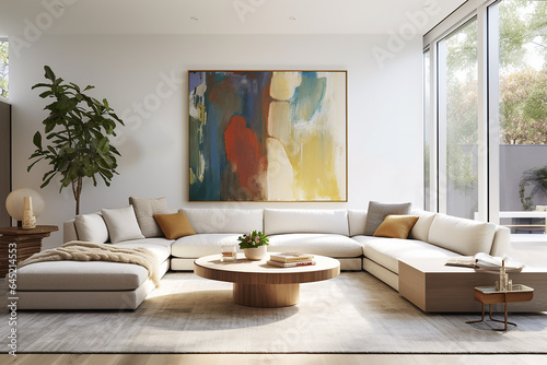 A spacious living room with a sleek sectional sofa, designer coffee table, and curated art on the walls. © Teerasak