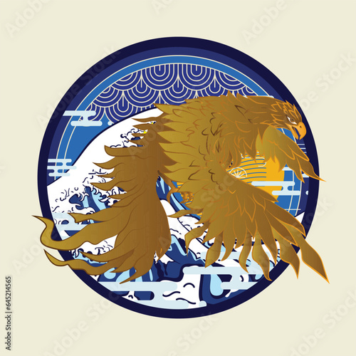 golden eagle vector illustration with japanese background
