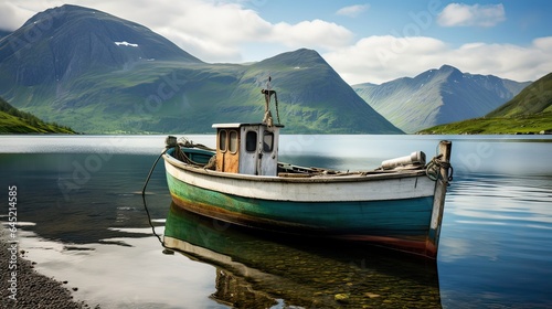 Fishing boat anchors in a remote and pristine fishing spot, wind, river , captain, mooring, boatswain, stranded, hole, watercraft, ferry, stern, dock. Generated by AI.