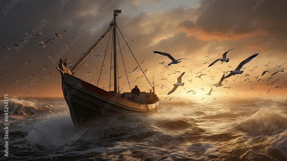 Fishing boat sets its course with seagulls in tow, board, mast, frigate ...