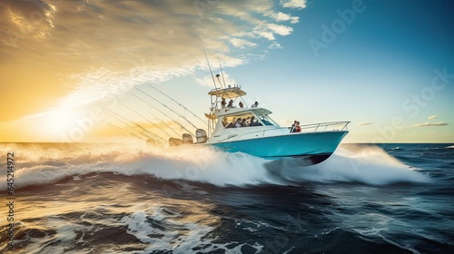 Fishing charter boat glides through the waves, its decks alive with anglers savoring a day at sea, embracing the serenity of maritime exploration. Generated by AI. photo