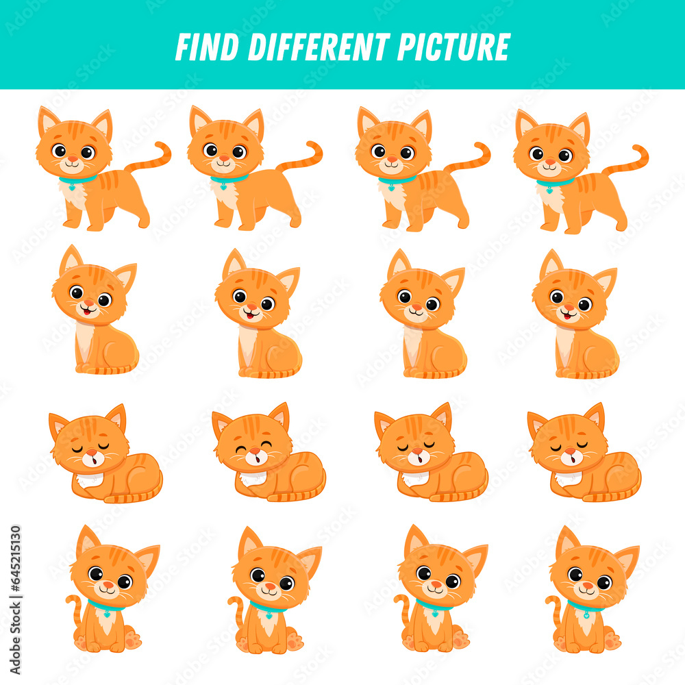 Find different kitten in each row. Logical game for kids. Cartoon cat. Find different kitten in each row. Logical game for kids. Cartoon cat.