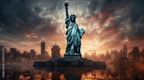 ILLUSTRATION OF THE STATUE OF LIBERTY IN NEW YORK, USA WITH A DRAMATIC BACKGROUND
