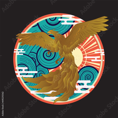 golden eagle vector illustration with japanese background