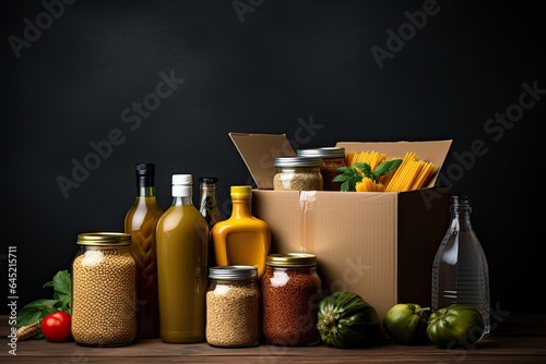 Various food, pasta, cooking oil and canned food in cardboard box