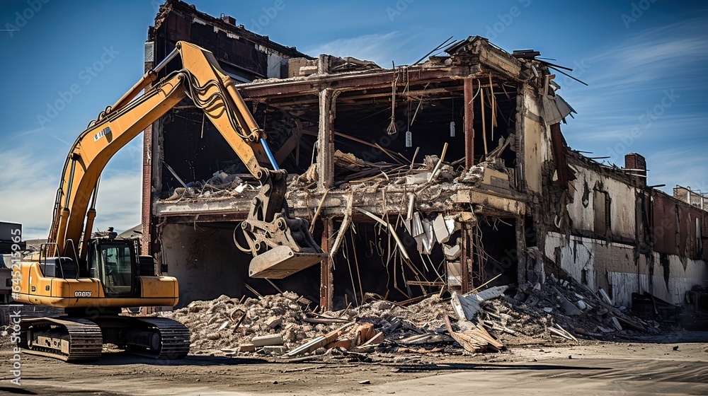 Heavy machinery works tirelessly to dismantle an old building, paving the way for a new chapter in the city's evolution and architectural transformation. Generated by AI. Heavy machinery works tirelessly to dismantle an old building, paving the way for a new chapter in the city's evolution and architectural transformation. Generated by AI.