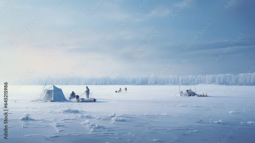 Ice fishing on a tranquil lake. The rhythmic drilling of holes and the camaraderie of fellow anglers contribute to a unique winter experience. Generated by AI.