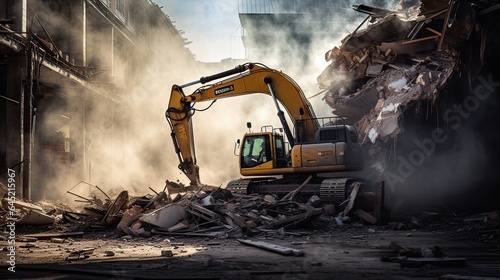 Heavy machinery reverberates as it carefully demolishes an old building, making room for progress, innovation, and the shaping of a modern landscape. Generated by AI.