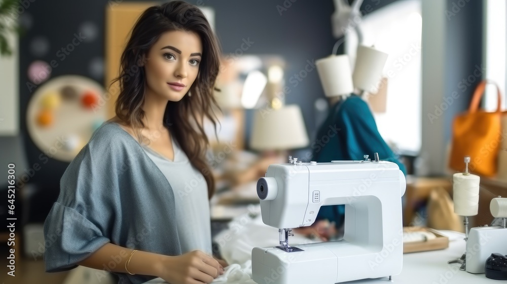Fototapeta premium Portrait of Young Asian woman, Fashion designer tailor standing in garment workshop, Seamstress.
