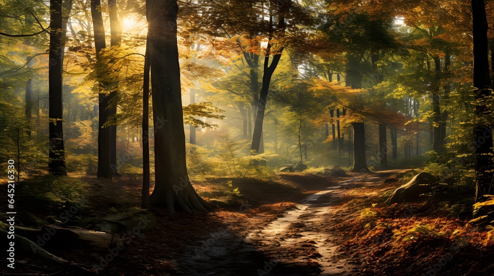 Panoramic image of a path in an autumn forest at sunset