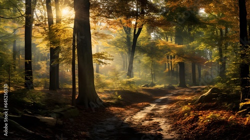 Panoramic image of a path in an autumn forest at sunset © Iman