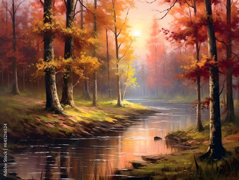 Autumn landscape with colorful forest and river. Panoramic view