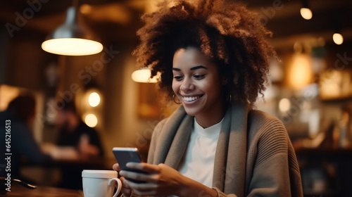 Beautiful black woman using her phone in coffee shop.