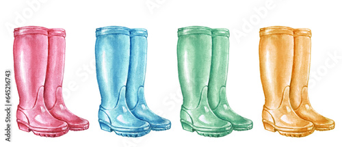 Watercolor set of colorful rubber gardening boots