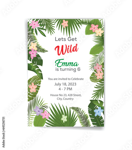 Safari birthday invitation card with tropical leaves and flowers , jungle theme nature green leaf colorful background birthday vector illustration