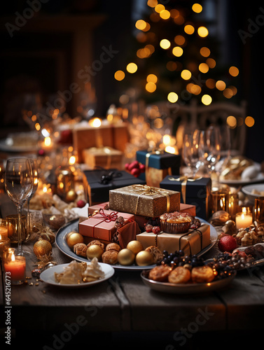 Christmas table setting with candles and gifts. Selective focus. Holiday.
