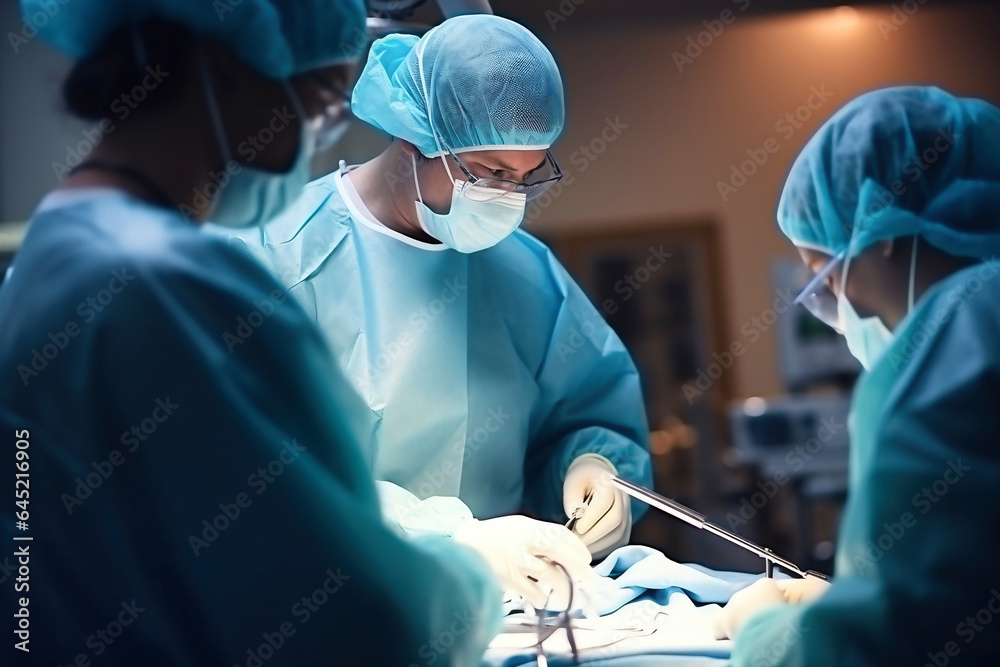 Photo of surgeons performing a complex surgery in a modern operating room. A group of surgeons performing surgery on a patient. Photo of surgeons performing a complex surgery in a modern operating room. A group of surgeons performing surgery on a patient.