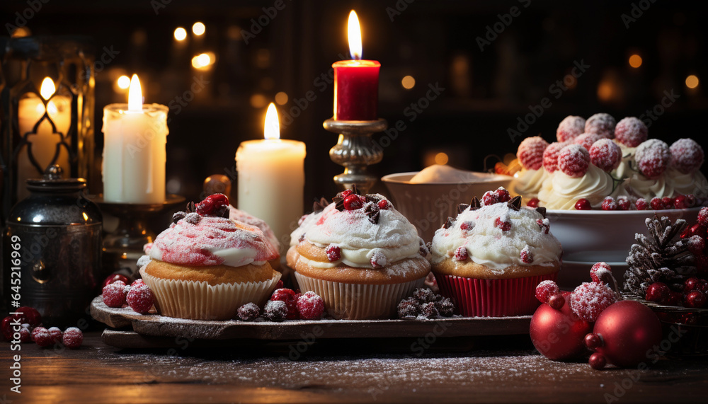Christmas cupcakes with cranberries and cream on a wooden table.