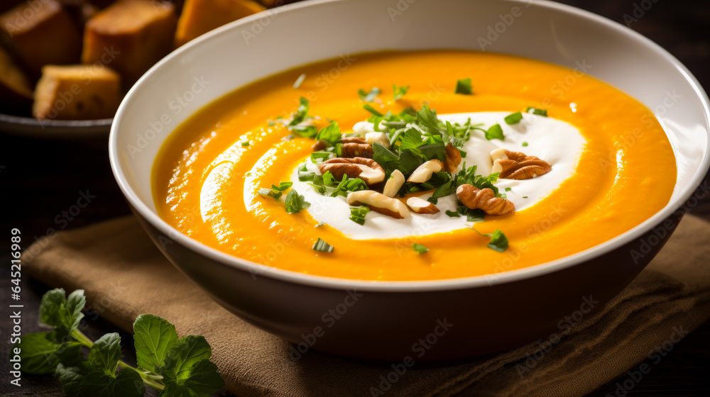 Delicious creamy Pumpkin Soup ready to eat. Food for the fall season.