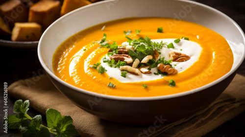 Delicious creamy Pumpkin Soup ready to eat. Food for the fall season.