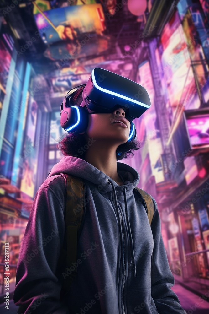 Teenager wearing virtual reality glasses in the city. Technology and entertainment concept.
