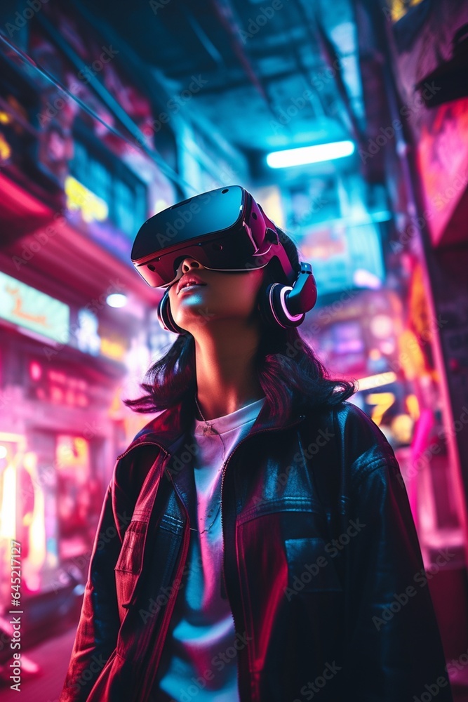Teenager wearing virtual reality glasses in the city. Technology and entertainment concept.