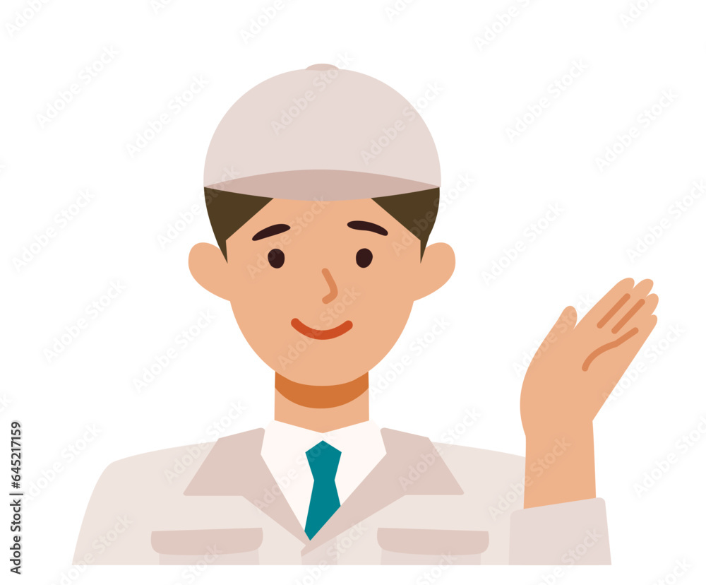 Man wearing factory worker uniform. Factory worker Man cartoon character. People face profiles avatars and icons. Close up image of pointing man. Man wearing factory worker uniform. Factory worker Man cartoon character. People face profiles avatars and icons. Close up image of pointing man.
