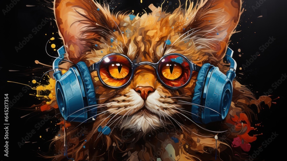funny cat in headphones is drawn with multi-colored paints,