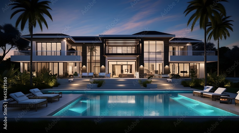 3d rendering of modern cozy house with pool and parking for sale or rent in luxurious style and beautiful landscaping on background. Clear summer night with many stars on the sky.