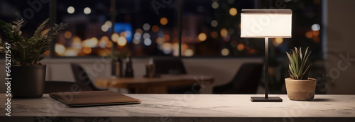 Comfortable marble tabletop in a modern home office at night, Banner.