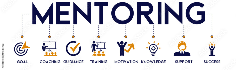 Mentoring banner website icon vector illustration concept with icon of goals, coaching, guidance, training, motivation, knowledge, support, and success on white background Mentoring banner website icon vector illustration concept with icon of goals, coaching, guidance, training, motivation, knowledge, support, and success on white background