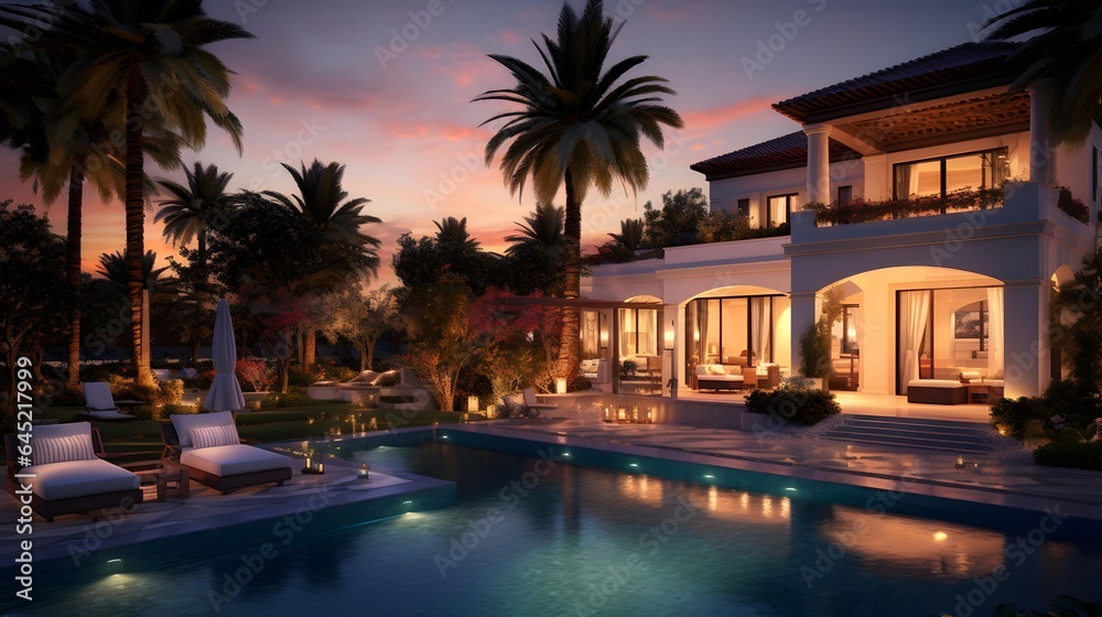 Luxury villa with swimming pool and palm trees at sunset