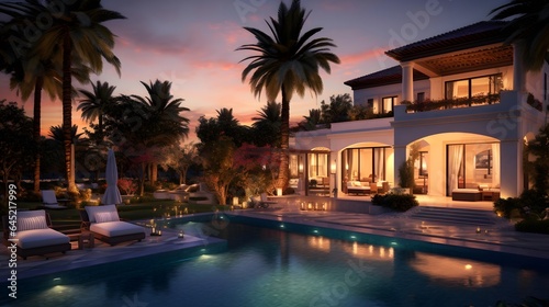 Luxury villa with swimming pool and palm trees at sunset