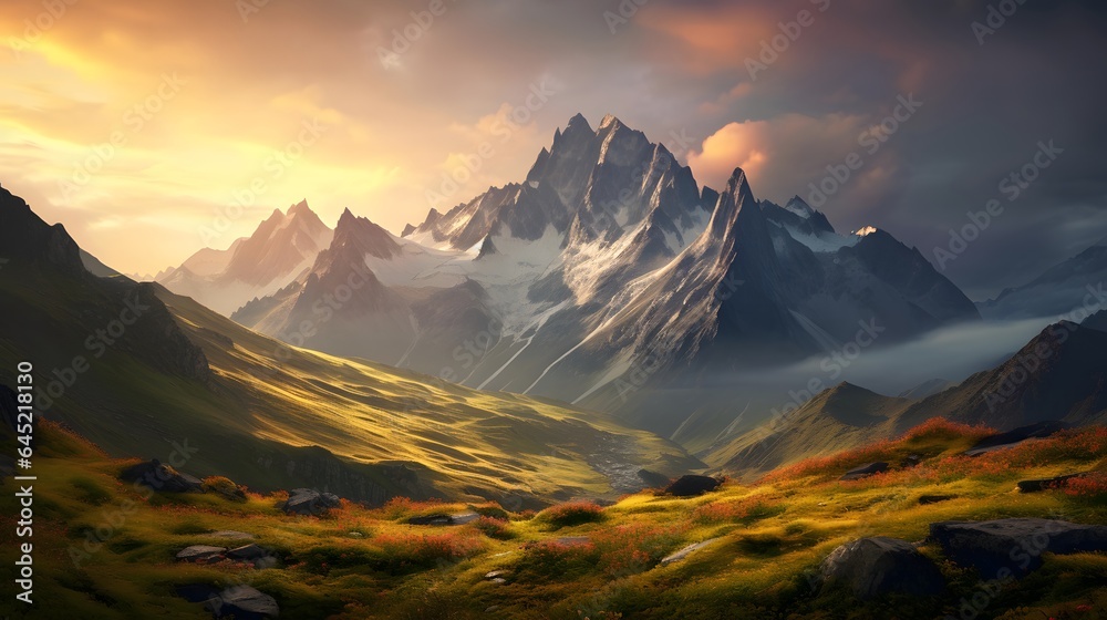 Panoramic view of the Caucasus mountains at sunset. Russia.