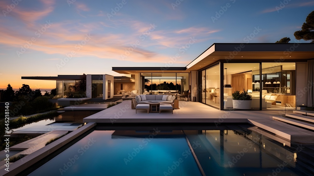 Panoramic view of luxury modern house with swimming pool at sunset