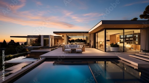 Panoramic view of luxury modern house with swimming pool at sunset