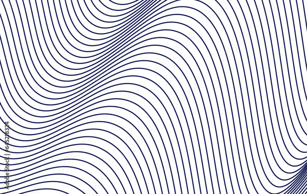 Abstract blue lines on a white background. Line art. Colorful shiny wave with lines created using blend tool. Curved wavy.