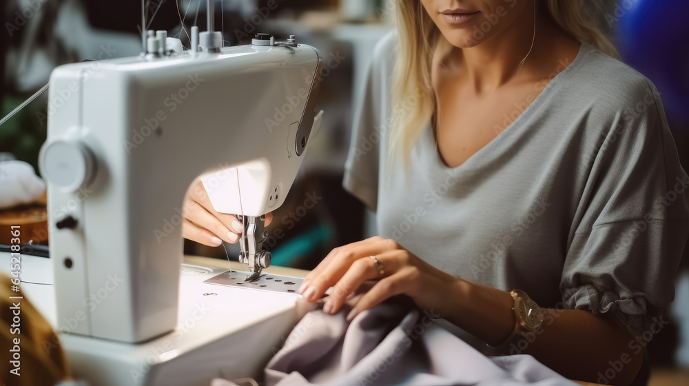Beautiful female design using sewing machine in workshop.